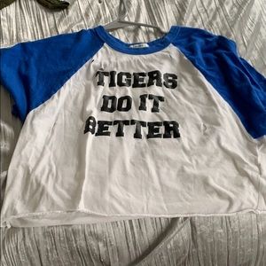 blue and white crop top with holes
